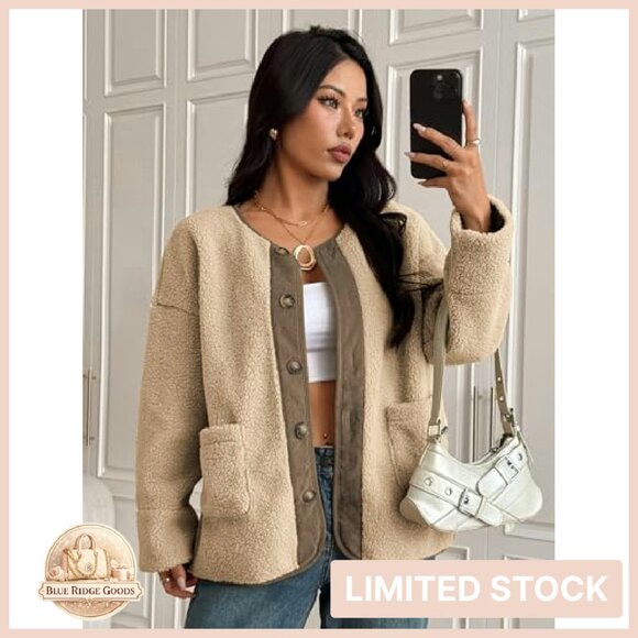 Faux Fur Sherpa Jacket Button Down Pockets Casual Winter Outerwear - Picture 6 of 8